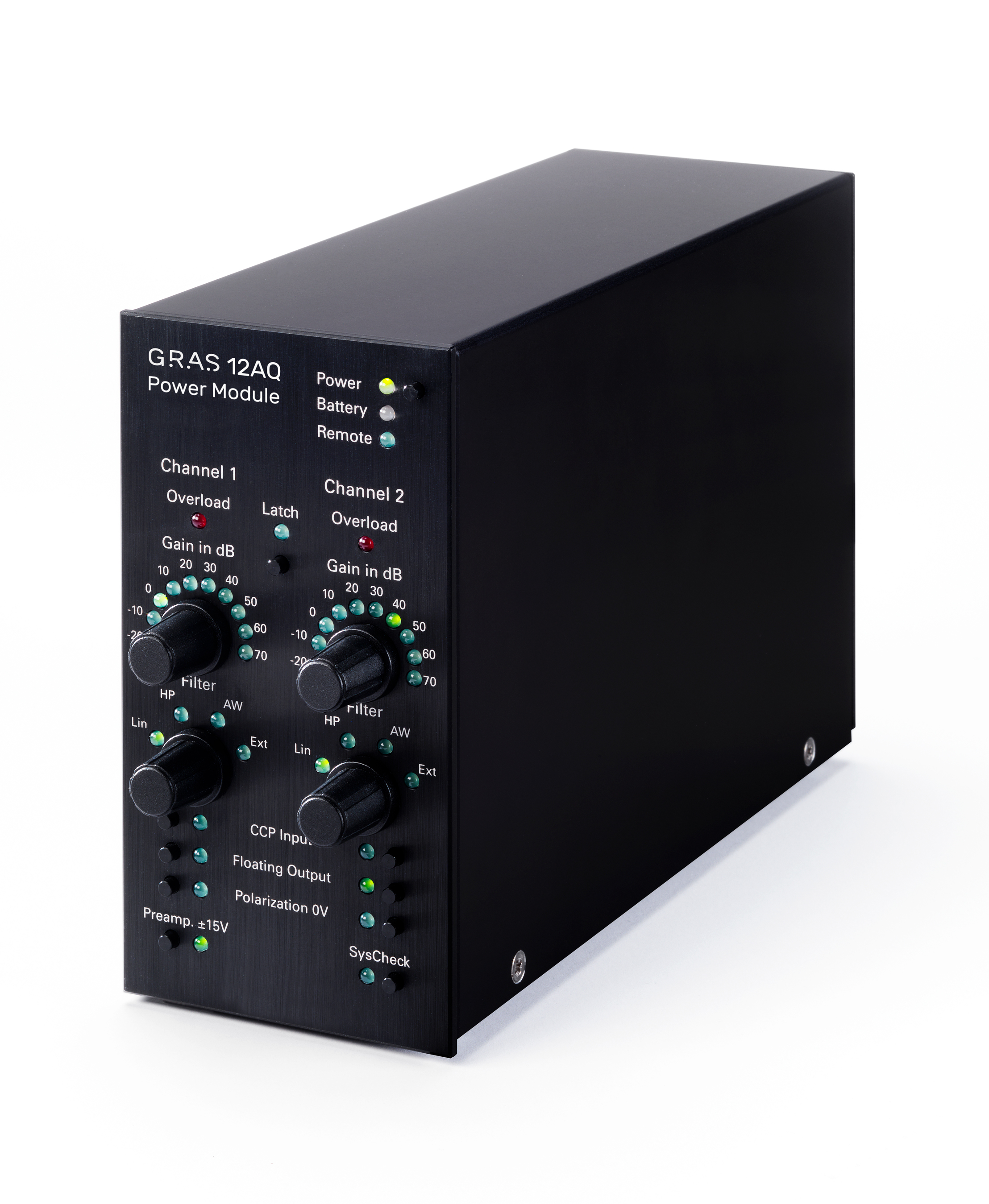 Mô-đun nguồn đa năng 2 kênh GRAS 12AQ với mạch điều chỉnh tín hiệu và giao diện PC.